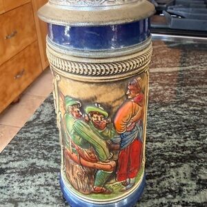 Vintage German-Style Ceramic Beer Stein with Pewter Lid - Blue and Multicolor
